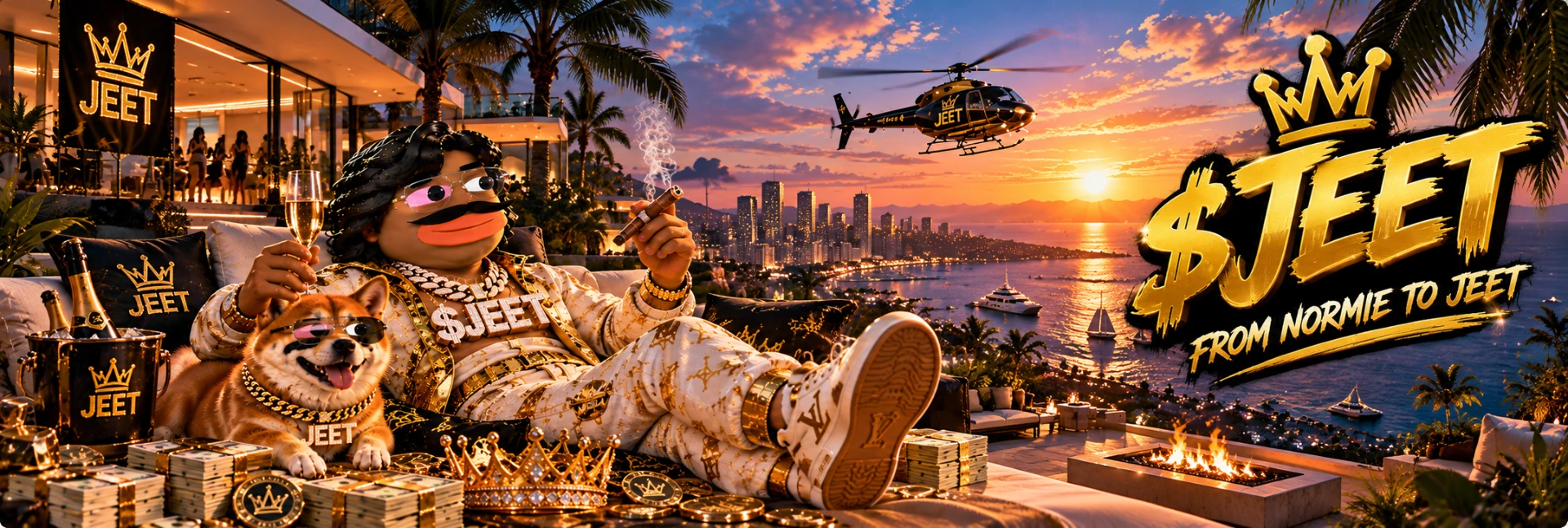 $JEET — From Normie to JEET: gold chains, a tiger, a luxury mansion and a helicopter at sunset