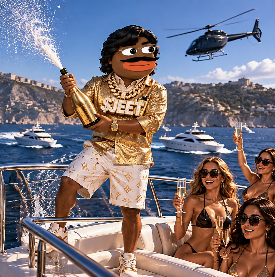 JEET celebrating on a yacht with champagne and a helicopter overhead