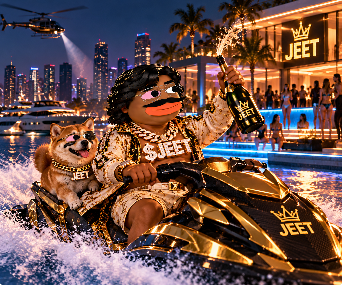 JEET and a tiger riding a gold jet ski outside a waterfront mansion