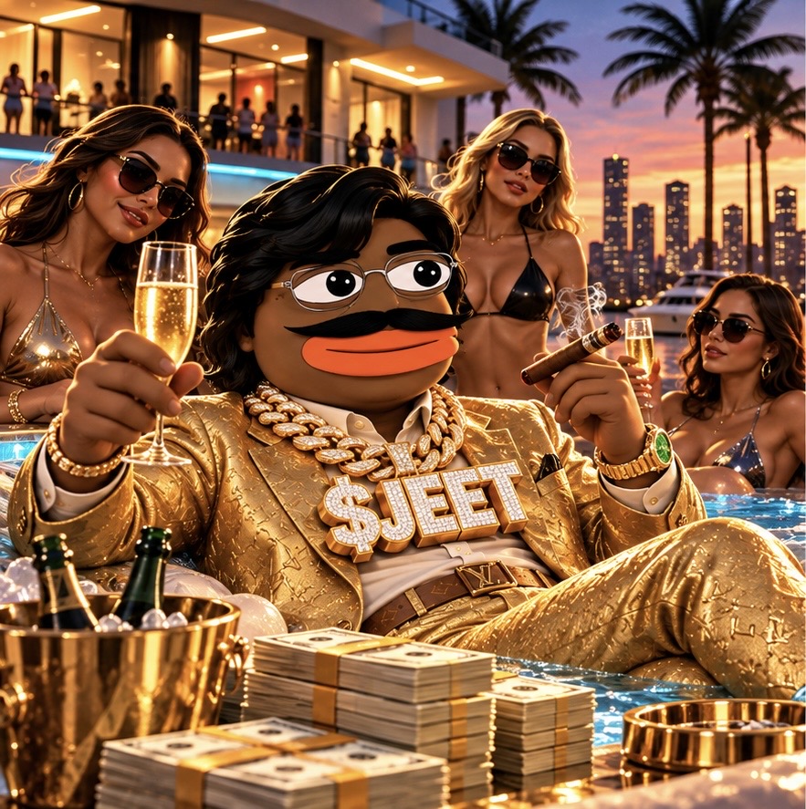 JEET surrounded by gold and cash at a penthouse party
