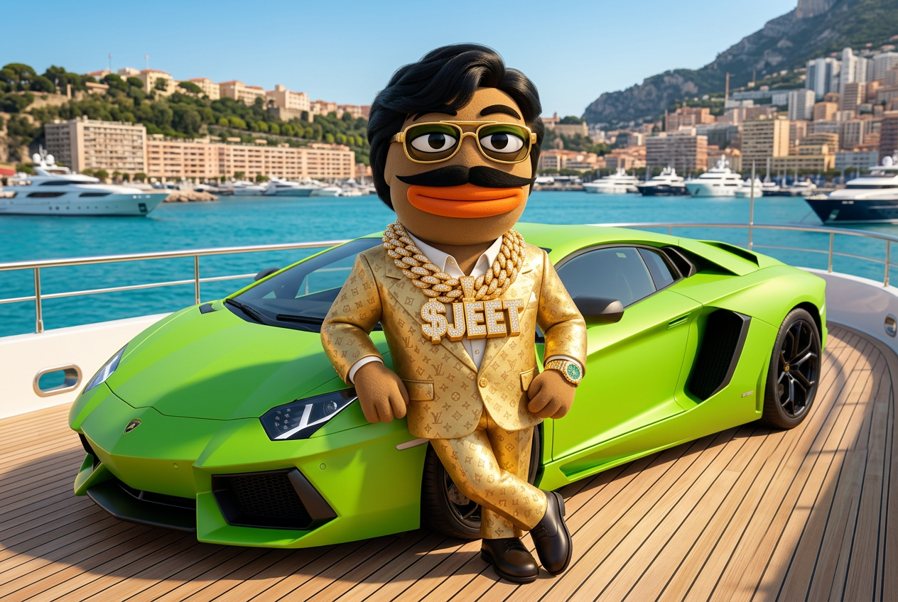 JEET in a gold suit with a lime supercar on a yacht in Monaco